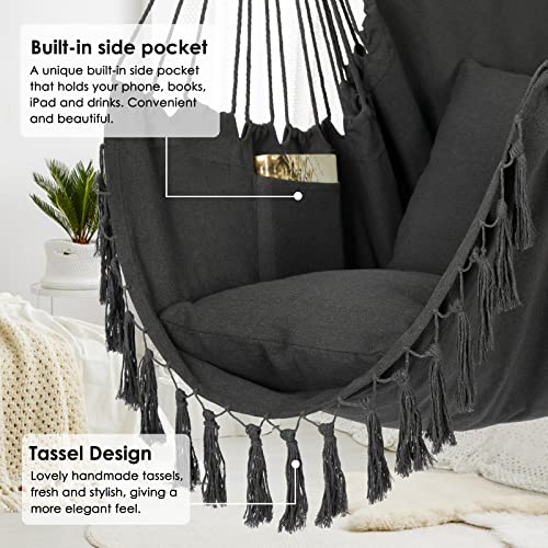 Y- STOP Hammock Chair Hanging Rope Swing, Max 330 Lbs, 2 Cushions Included, Large Macrame Hanging Chair with Pocket, Cotton Weave for Superior Comfort, Durability (Grey)