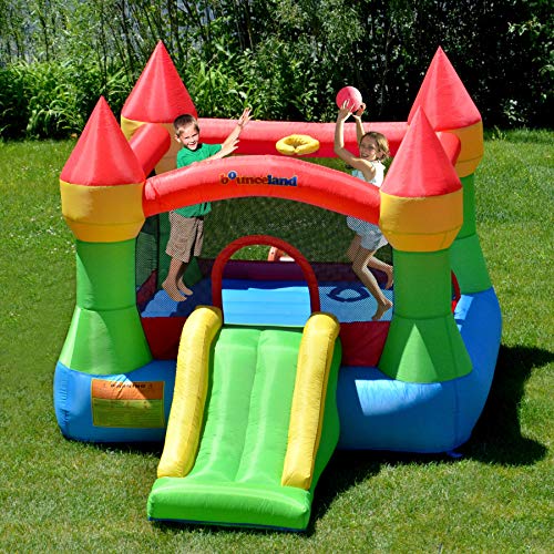 Bounceland Bounce House Castle with Basketball Hoop Inflatable Bouncer, Fun Slide, Safe Velcro Entrance, UL Certified Strong Blower Included, 12 ft x 9 ft x 7 ft H, Kid Castle Party Theme Bounce House