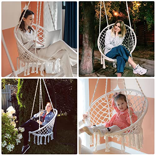 SURPCOS Hammock Chair with Durable Hanging Hardware Kit, Exquisite Dreamy Round Hanging Chair, 100% Cotton Rope Macrame Swing Chairs for Indoor/Outdoor Bedroom Patio Deck or Garden, Max 550LBs, Beige