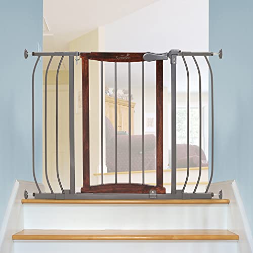 Summer Anywhere Decorative Walk-Thru Baby Gate, Walnut Wood and a Metal Charcoal Accent Finish  30 Tall, Fits Openings up to 28 to 42.5 Wide, Baby and Pet Gate for Doorways and Stairways