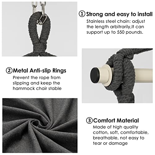 Y- STOP Hammock Chair Hanging Rope Swing, Max 330 Lbs, 2 Cushions Included, Large Macrame Hanging Chair with Pocket, Cotton Weave for Superior Comfort, Durability (Grey)