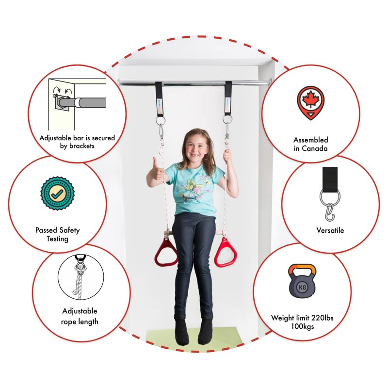 DreamGYM Doorway Sensory Swing Kit - Blue Compression Swing and Trapeze Bar with Red Gym Rings Combo