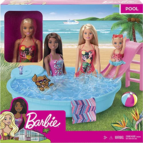 ?Barbie Doll, 11.5-Inch Blonde, and Pool Playset with Slide and Accessories, Gift for 3 to 7 Year Olds