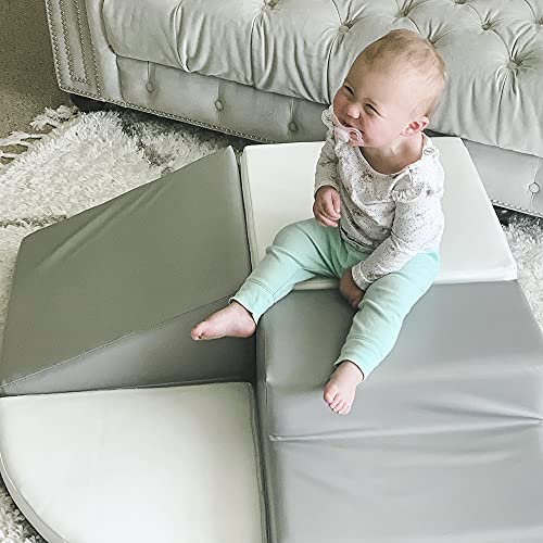 Wonder Space Climb & Crawl Foam Play Structure - Upgraded Size with Sew On Hook & Loop Stripes - Preschool Nursery Stage Slide Set - Babies Toddlers Motor Skills Early Development Gym Toy (Grey 4pcs)