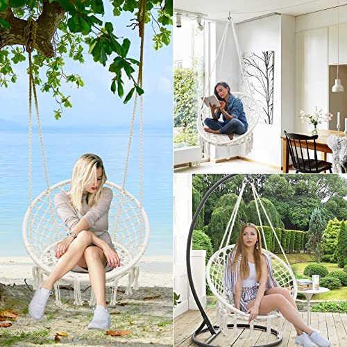 SURPCOS Hammock Chair with Durable Hanging Hardware Kit, Exquisite Dreamy Round Hanging Chair, 100% Cotton Rope Macrame Swing Chairs for Indoor/Outdoor Bedroom Patio Deck or Garden, Max 550LBs, Beige
