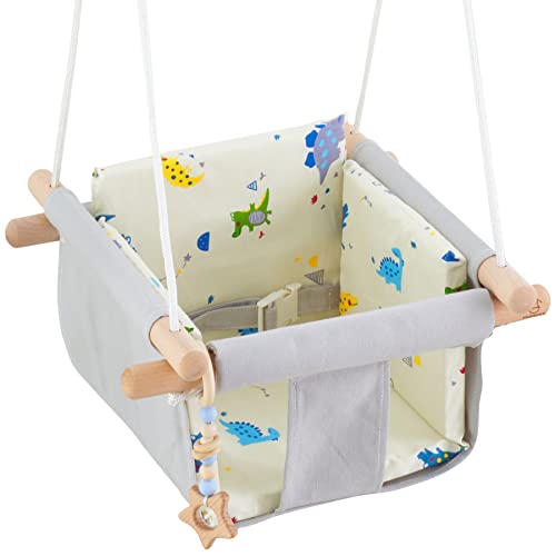 Troispot Comfortable Baby Swing Seat, Secure Canvas and Wooden Hanging Swing Chair for Baby, Infant, Toddler, Child, Kids Toys, Indoor Outdoor Hammock for Playground, Tree Swings or Backyard, A2