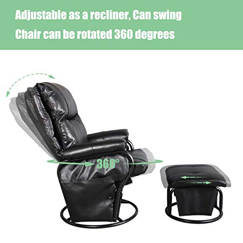 Recliner Chair with Ottoman Living Room Chairs Faux Leather Glider Chair 360 Degree Rotation Leisure and Relaxation Furniture (Black)