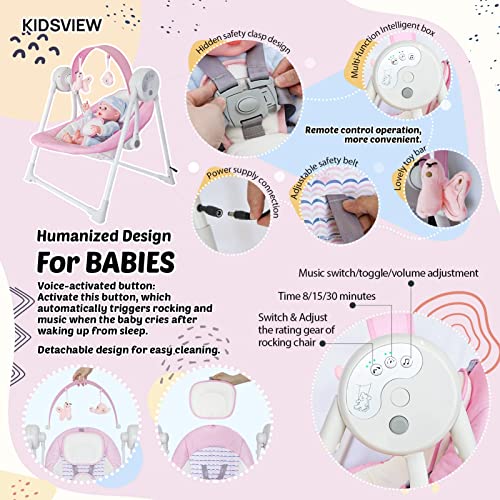 Electric Portable Baby Swing, Baby Swings for Infants to Toddler with Intelligent Music Vibration Box, Baby Electric Swing for 6-25 lb, 0-12 Months, Folds for Easy Travel, Pink