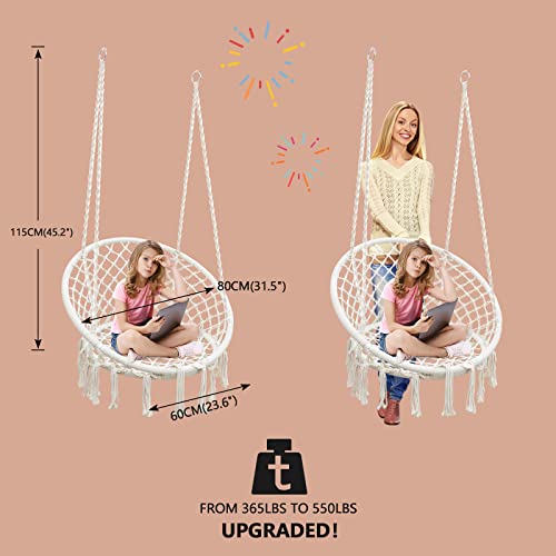 SURPCOS Hammock Chair with Durable Hanging Hardware Kit, Exquisite Dreamy Round Hanging Chair, 100% Cotton Rope Macrame Swing Chairs for Indoor/Outdoor Bedroom Patio Deck or Garden, Max 550LBs, Beige