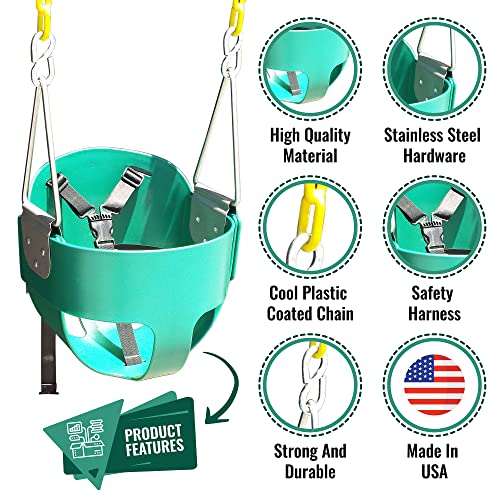 Toddler Bucket Swing Seat - Patent Pending & Exclusive Safety Harness - High Back Full Bucket Toddler Swing Seat w/ Heavy-Duty Plastic-Coated Chains - Safari Products USA