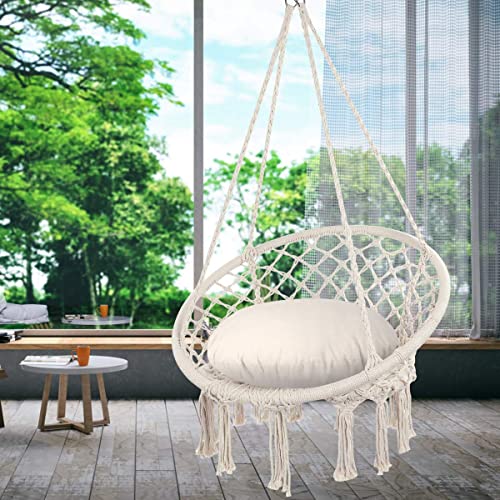 Y- STOP Hammock Chair Macrame Swing, Max 330 Lbs, Hanging Cotton Rope Hammock Swing Chair for Indoor and Outdoor Use (Beige)