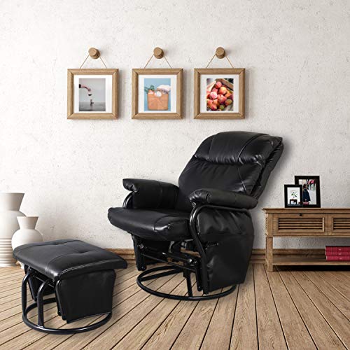 Recliner Chair with Ottoman Living Room Chairs Faux Leather Glider Chair 360 Degree Rotation Leisure and Relaxation Furniture (Black)