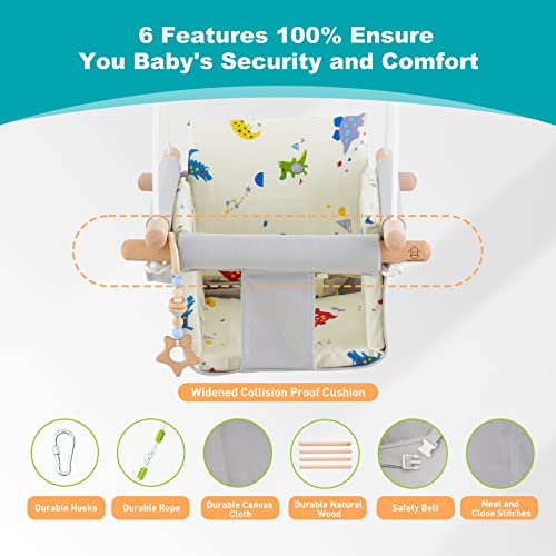 Troispot Comfortable Baby Swing Seat, Secure Canvas and Wooden Hanging Swing Chair for Baby, Infant, Toddler, Child, Kids Toys, Indoor Outdoor Hammock for Playground, Tree Swings or Backyard, A2