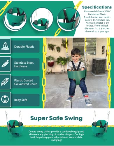 Toddler Bucket Swing Seat - Patent Pending & Exclusive Safety Harness - High Back Full Bucket Toddler Swing Seat w/ Heavy-Duty Plastic-Coated Chains - Safari Products USA