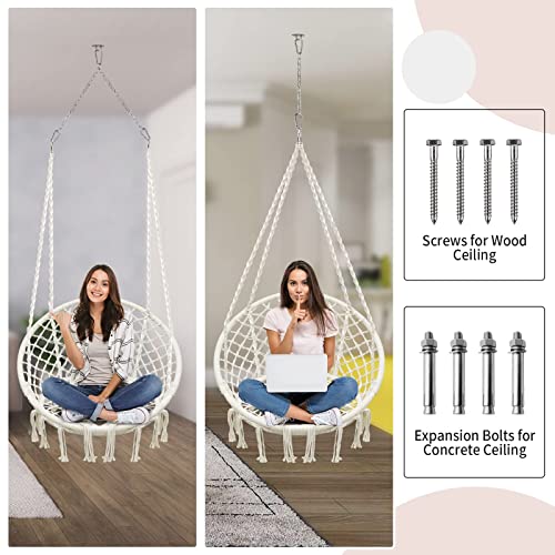 SURPCOS Hammock Chair with Durable Hanging Hardware Kit, Exquisite Dreamy Round Hanging Chair, 100% Cotton Rope Macrame Swing Chairs for Indoor/Outdoor Bedroom Patio Deck or Garden, Max 550LBs, Beige