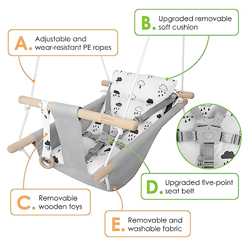 Wooden Hammock Chair for Toddlers and Kids?Porch Fabric Kids Swing Toys?Indoor and Outdoor Baby Canvas Swing seat Chair up to 4 Year?Baby Christmas and Birthday Gift-Little Cloud