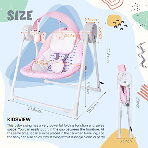 Electric Portable Baby Swing, Baby Swings for Infants to Toddler with Intelligent Music Vibration Box, Baby Electric Swing for 6-25 lb, 0-12 Months, Folds for Easy Travel, Pink