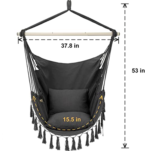 Y- STOP Hammock Chair Hanging Rope Swing, Max 330 Lbs, 2 Cushions Included, Large Macrame Hanging Chair with Pocket, Cotton Weave for Superior Comfort, Durability (Grey)