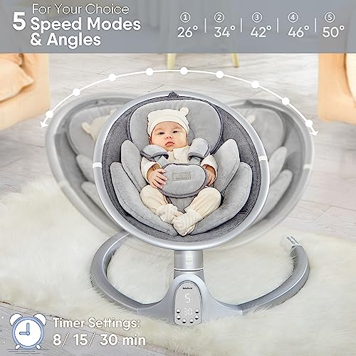 BabyBond Baby Swings for Infants, Bluetooth Infant Swing with Preset Lullabies, 5 Point Harness Belt, 5 Speeds and Remote Control - Portable Baby Swing for Indoor and Outdoor (Grey)