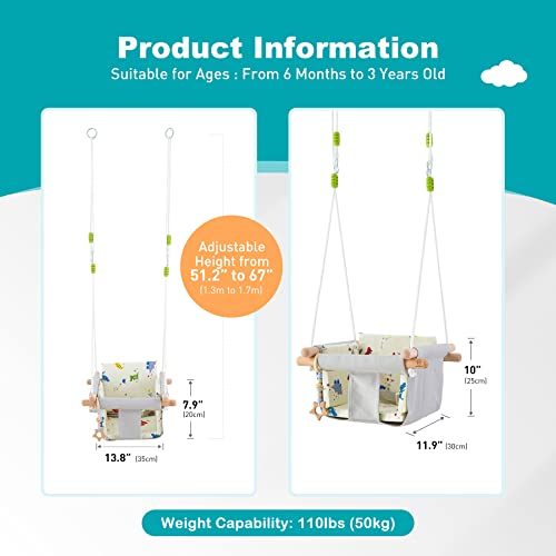 Troispot Comfortable Baby Swing Seat, Secure Canvas and Wooden Hanging Swing Chair for Baby, Infant, Toddler, Child, Kids Toys, Indoor Outdoor Hammock for Playground, Tree Swings or Backyard, A2