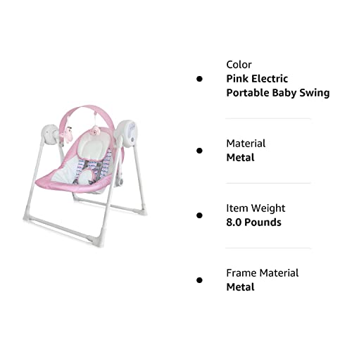 Electric Portable Baby Swing, Baby Swings for Infants to Toddler with Intelligent Music Vibration Box, Baby Electric Swing for 6-25 lb, 0-12 Months, Folds for Easy Travel, Pink