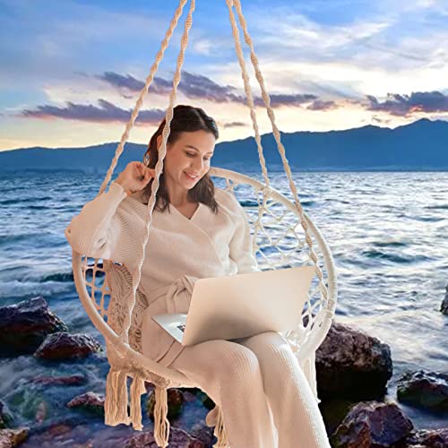 SURPCOS Hammock Chair with Durable Hanging Hardware Kit, Exquisite Dreamy Round Hanging Chair, 100% Cotton Rope Macrame Swing Chairs for Indoor/Outdoor Bedroom Patio Deck or Garden, Max 550LBs, Beige