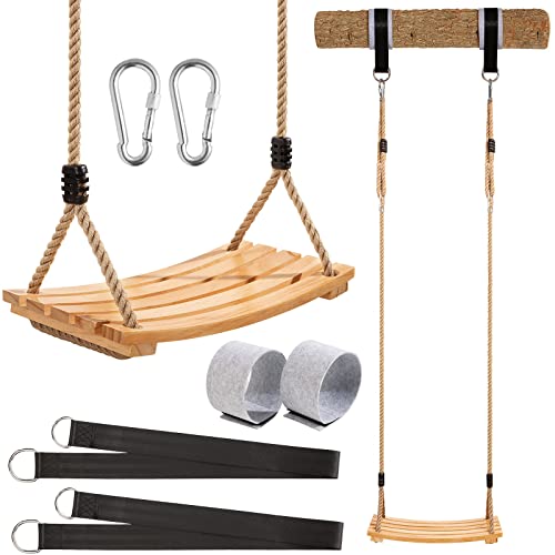 Yangbaga Wooden Swing Hanging Tree Swings, Wood Swings Seat 19.79.80.78to Adult Kids Children with Adjustable Hemp Rope Plus Tree Straps inch and 2 Carabiner Hooks-for Park or Home for Kids