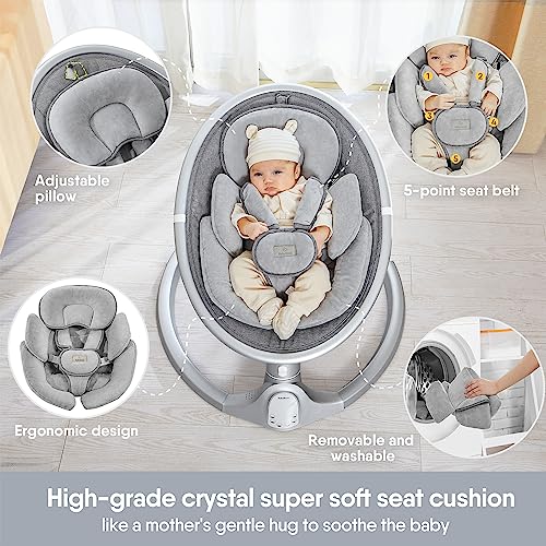 BabyBond Baby Swings for Infants, Bluetooth Infant Swing with Preset Lullabies, 5 Point Harness Belt, 5 Speeds and Remote Control - Portable Baby Swing for Indoor and Outdoor (Grey)