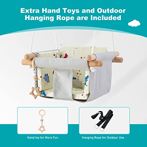 Troispot Comfortable Baby Swing Seat, Secure Canvas and Wooden Hanging Swing Chair for Baby, Infant, Toddler, Child, Kids Toys, Indoor Outdoor Hammock for Playground, Tree Swings or Backyard, A2