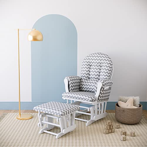 Storkcraft Premium Hoop Glider and Ottoman (White Base, Gray Chevron Cushion)  Padded Cushions with Storage Pocket, Smooth Rocking Motion, Easy to Assemble, Solid Hardwood Base