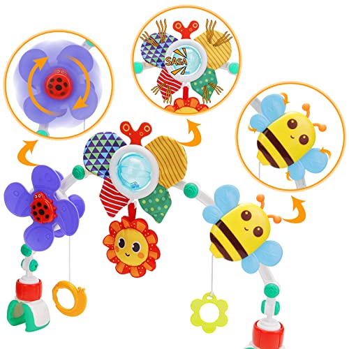 Stroller Arch Toy for Baby - Foldable Development Arch Toys for Infant 0-6 Months with Teether Crinkle BIBI Sound Newborns Sensory Activity Adjustable Crib Bouncer Car Seat Toy Boys Girls