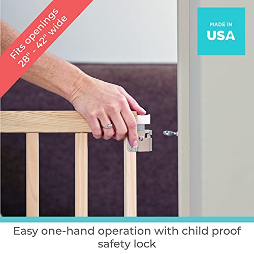 Toddleroo by North States 42" wide Stairway Swing Baby Gate: Ideal for standard stairways. Swing control hinge & one hand operation. Hardware Mount. Fits 28"- 42" wide (30" Tall, Sustainable Hardwood)