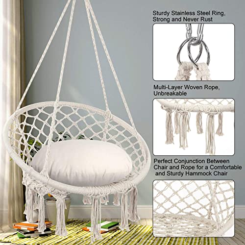 Y- STOP Hammock Chair Macrame Swing, Max 330 Lbs, Hanging Cotton Rope Hammock Swing Chair for Indoor and Outdoor Use (Beige)