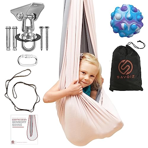 SAVOIZ Indoor Therapy Swing - Sensory Hammock Autism, ADHD, Aspergers - Double Layer Reversible Pink and Grey - Hardware Included - Indoor Swing - Outdoor Swing - Kids Sensory Swing