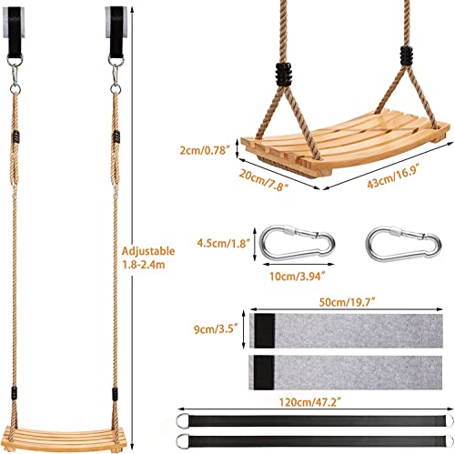 Yangbaga Wooden Swing Hanging Tree Swings, Wood Swings Seat 19.79.80.78to Adult Kids Children with Adjustable Hemp Rope Plus Tree Straps inch and 2 Carabiner Hooks-for Park or Home for Kids