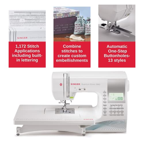 SINGER | Quantum Stylist 9960 Computerized Portable Sewing Machine with 600-Stitches Electronic Auto Pilot Mode, Extension Table and Bonus Accessories, Perfect for Customizing Projects