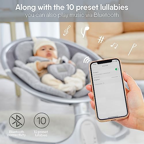 BabyBond Baby Swings for Infants, Bluetooth Infant Swing with Preset Lullabies, 5 Point Harness Belt, 5 Speeds and Remote Control - Portable Baby Swing for Indoor and Outdoor (Grey)