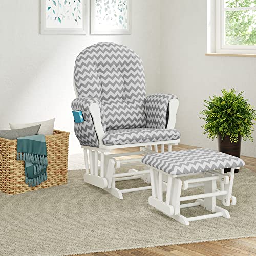 Storkcraft Premium Hoop Glider and Ottoman (White Base, Gray Chevron Cushion)  Padded Cushions with Storage Pocket, Smooth Rocking Motion, Easy to Assemble, Solid Hardwood Base