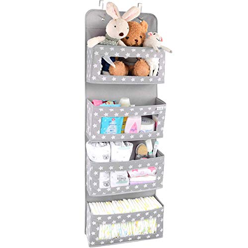 Vesta Baby Over the Door Hanging Organizer - Unisex Space-Saving 4-Pocket Storage Solution for Closet, Children's Room, Nursery - Clear-Window Caddy - 2 Utility Pockets for Small Items and Accessories