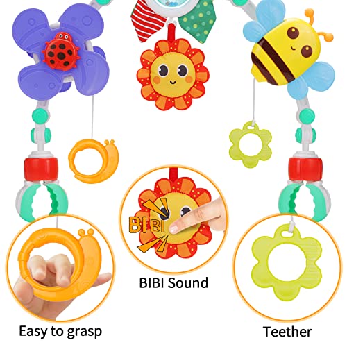 Stroller Arch Toy for Baby - Foldable Development Arch Toys for Infant 0-6 Months with Teether Crinkle BIBI Sound Newborns Sensory Activity Adjustable Crib Bouncer Car Seat Toy Boys Girls