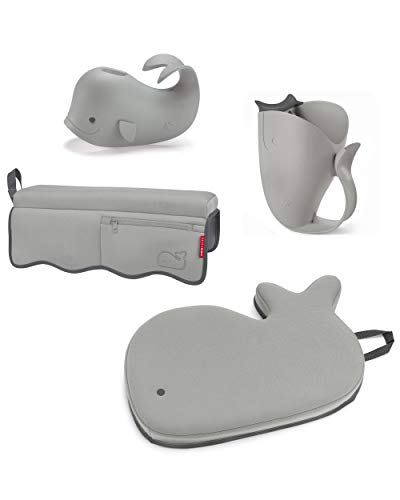 Skip Hop Moby Baby Bath Set with Four Bathtime Essentials, Spout Cover, Bath Kneeler, Elbow Pad, and Waterfall Rinser, Grey