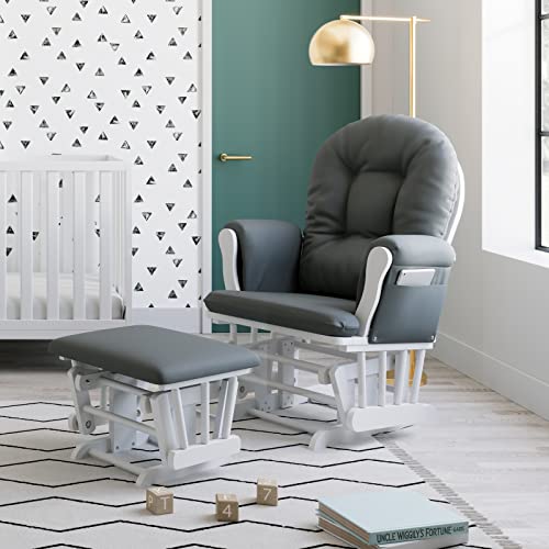 Storkcraft Premium Hoop Glider and Ottoman (White Base, Gray Cushion)  Padded Cushions with Storage Pocket, Smooth Rocking Motion, Easy to Assemble, Solid Hardwood Base