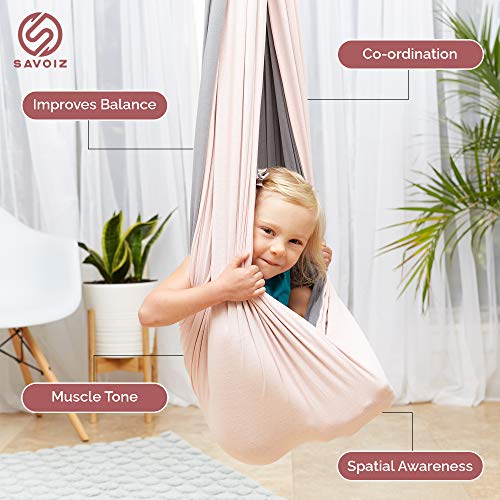 SAVOIZ Indoor Therapy Swing - Sensory Hammock Autism, ADHD, Aspergers - Double Layer Reversible Pink and Grey - Hardware Included - Indoor Swing - Outdoor Swing - Kids Sensory Swing
