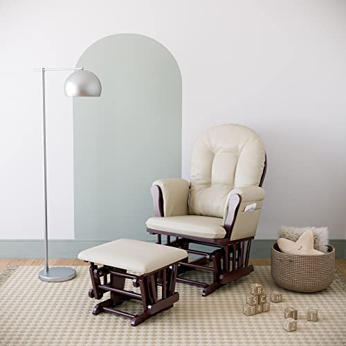 Storkcraft Premium Hoop Glider and Ottoman (Espresso Base, Beige Cushion)  Padded Cushions with Storage Pocket, Smooth Rocking Motion, Easy to Assemble, Solid Hardwood Base