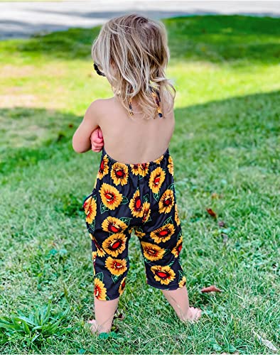 RAISEVERN Baby Girl Jumpsuit Halter Toddler Romper Summer Sunflower Sleeveless Strap Hawaiian Flower Pants Newborn Tropical Jumpers with Pocket,3-4T