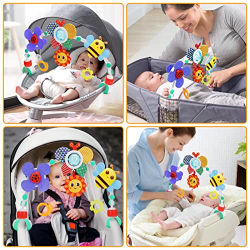 Stroller Arch Toy for Baby - Foldable Development Arch Toys for Infant 0-6 Months with Teether Crinkle BIBI Sound Newborns Sensory Activity Adjustable Crib Bouncer Car Seat Toy Boys Girls