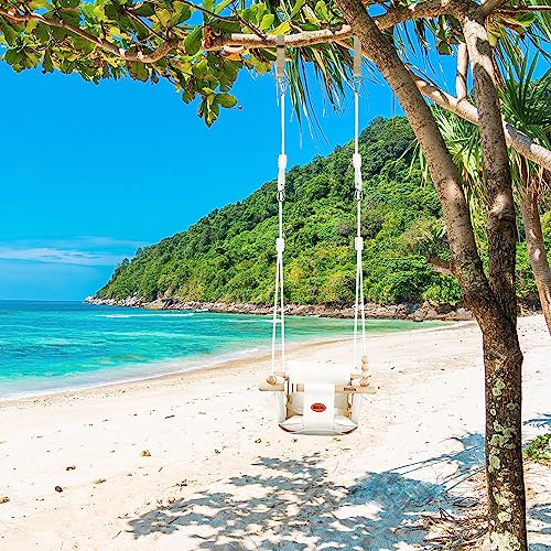 BBkids Indoor Baby Swing, Canvas Baby Swing, Wooden Hammock Hanging Swing Seat Chair with Safety Belt, Outdoor Kids Toddler Baby Tree Swing, Full Set of Ceiling Screws. (Cream)