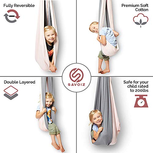 SAVOIZ Indoor Therapy Swing - Sensory Hammock Autism, ADHD, Aspergers - Double Layer Reversible Pink and Grey - Hardware Included - Indoor Swing - Outdoor Swing - Kids Sensory Swing