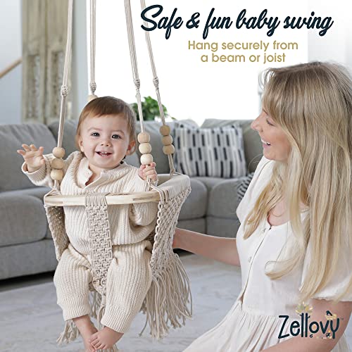 ZELLOVY Macrame Baby Swing | Boho Baby Swing for Infants & Toddler | Baby Hammock Swing for Indoor & Outdoor | Hanging Rope Baby Gift Swing | Handmade Crochet Baby Swing | Portable Baby Swing Chair
