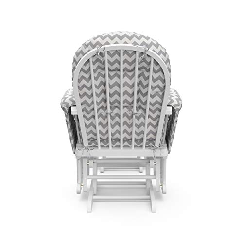 Storkcraft Premium Hoop Glider and Ottoman (White Base, Gray Chevron Cushion)  Padded Cushions with Storage Pocket, Smooth Rocking Motion, Easy to Assemble, Solid Hardwood Base